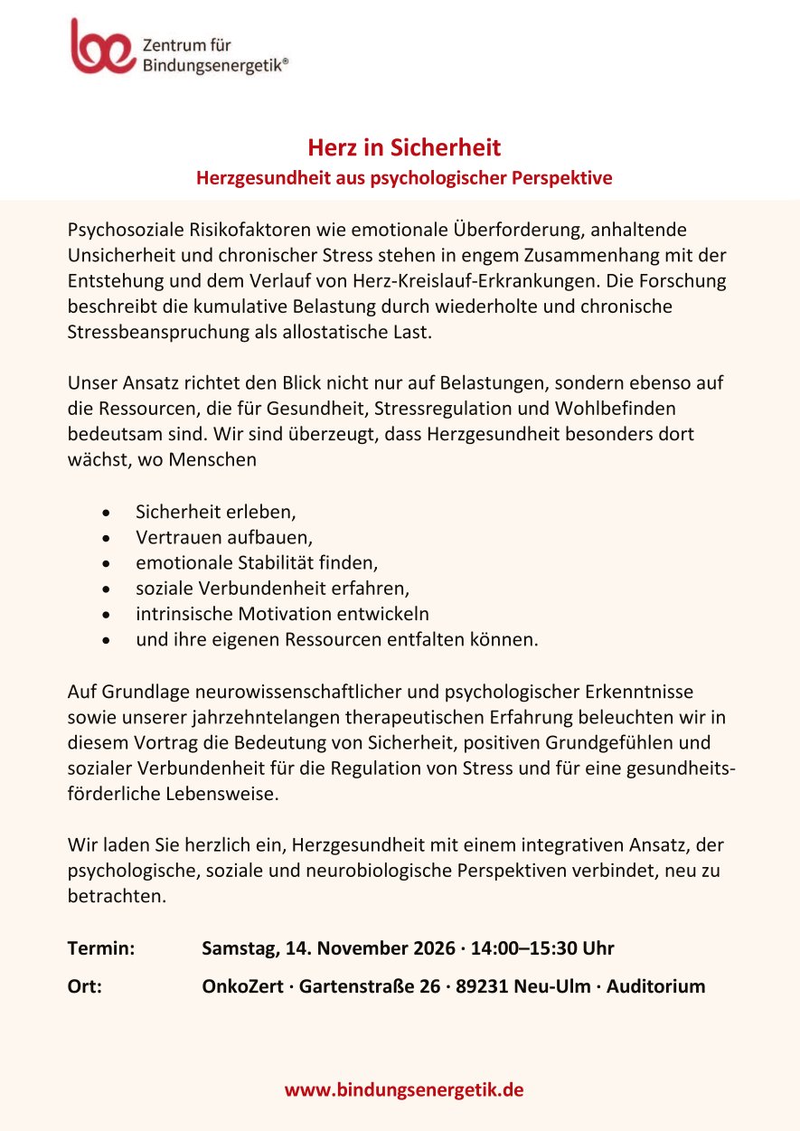 Vortrag und Come-Together Herz in Sicherheit. Herzgesundheit aus psychologischer Perspektive